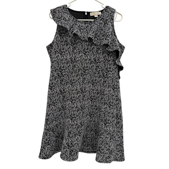 Michael Kors Womens Large Tweed Jacquard Fit-Flare-Ruffle Black/White Dress - Picture 1 of 7